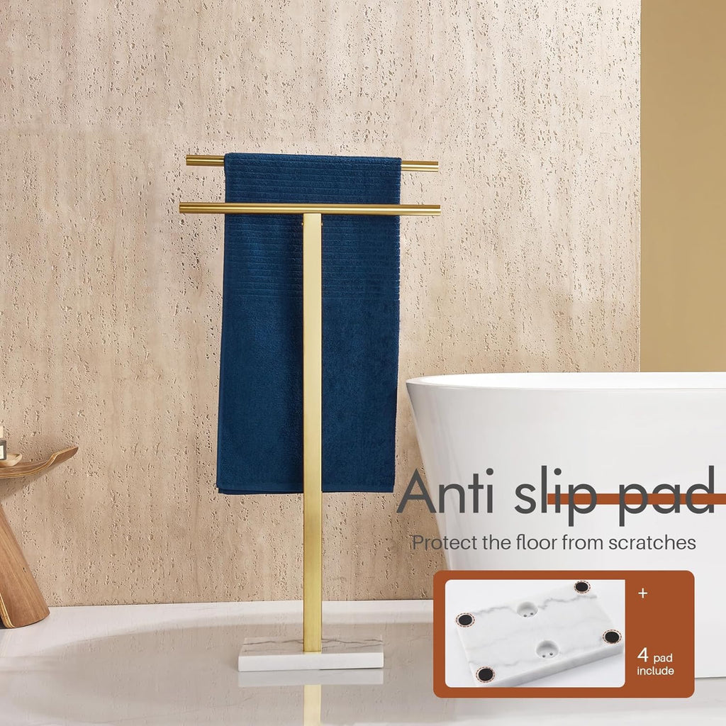 KOKOSIRI 2-Tier Freestanding Towel Rack THS0005-BG | Gold Stainless Steel Floor Stand with Marble Base