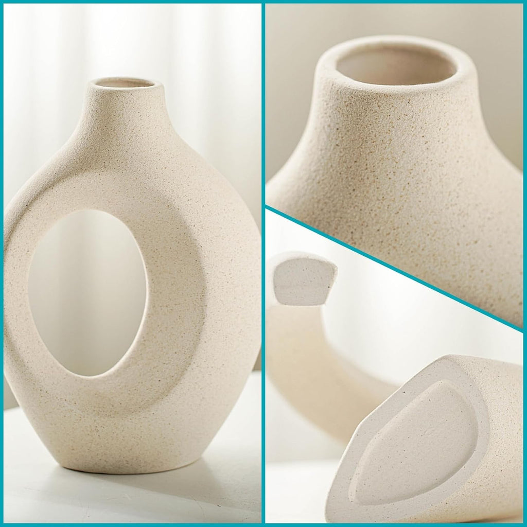 Snuggle Hollow Ceramic Vase Set (2-Piece) | Nordic Modern Decorative Vases – Milky White