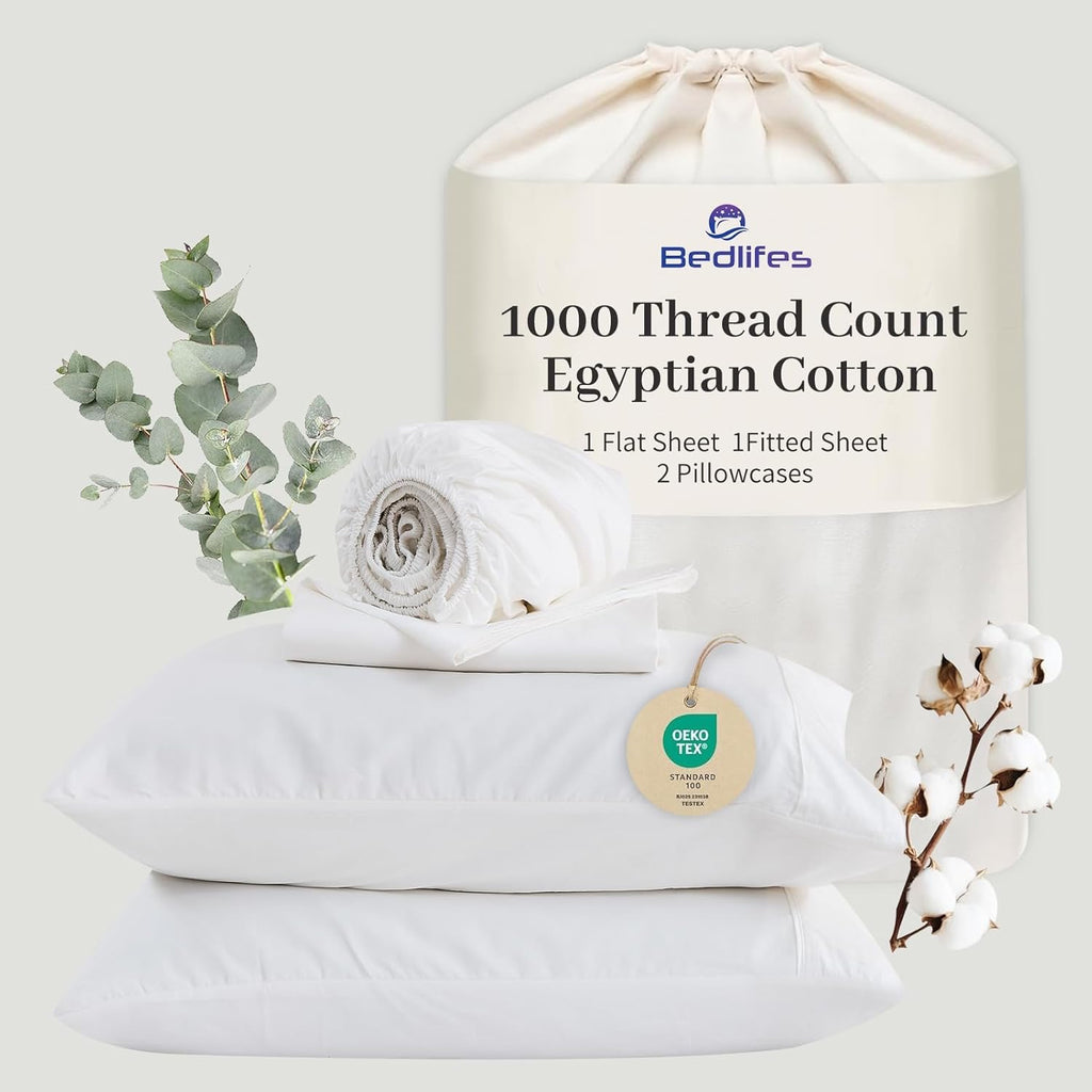 Bedlifes 1000 Thread Count Egyptian Cotton Sheets – Queen Size | Cooling Luxury Hotel Bedding Set (White)
