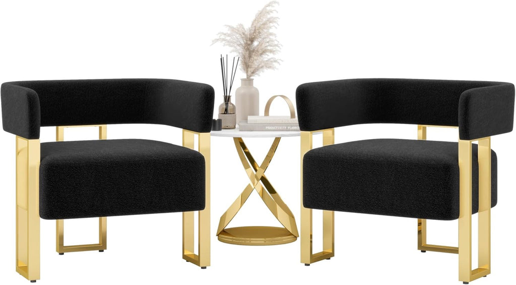 STHOUYN Modern Black & Gold Accent Chair Set (2) | Bouclé Bucket Chairs for Living Room & Bedroom