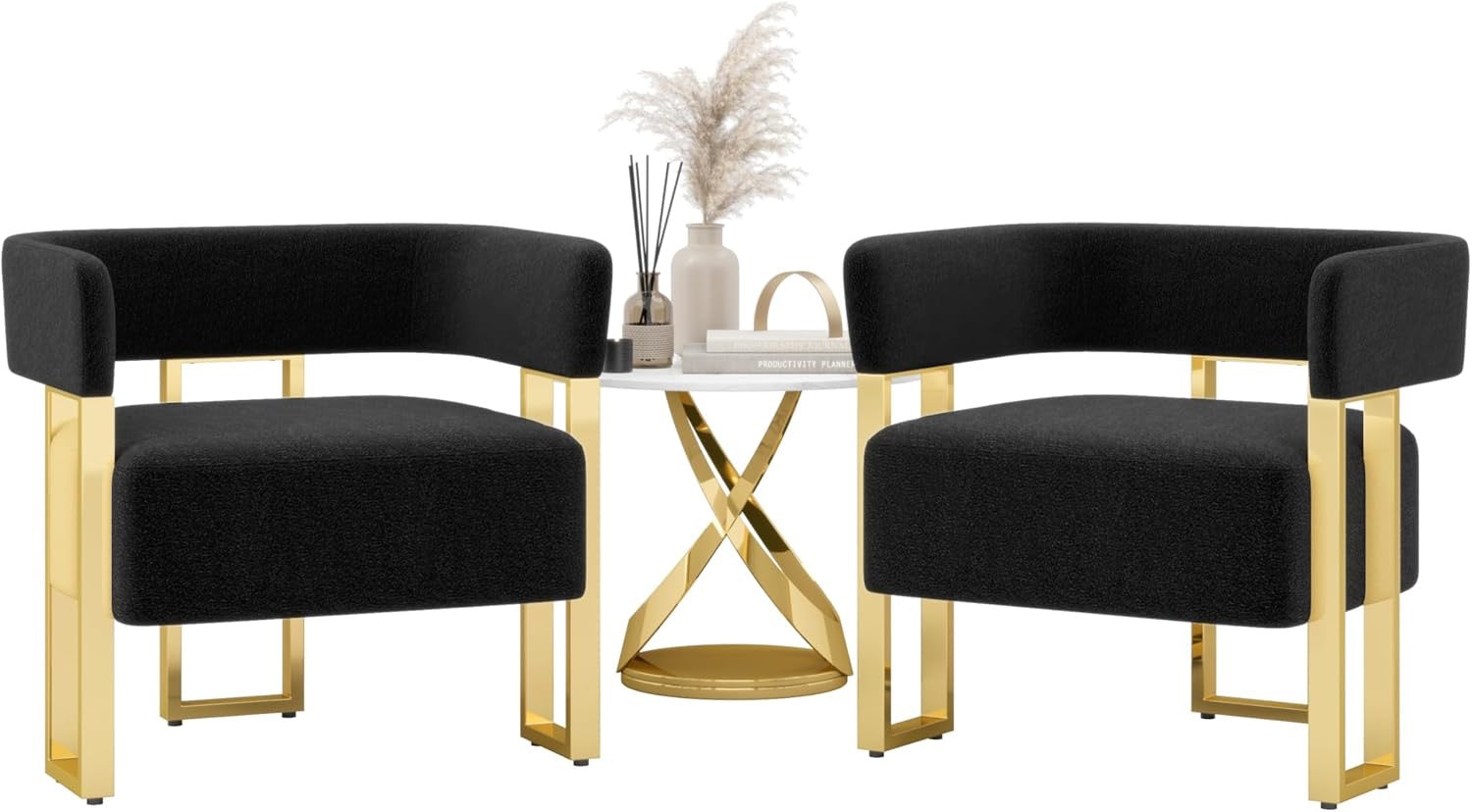 STHOUYN Modern Black & Gold Accent Chair Set (2) | Bouclé Bucket Chairs for Living Room & Bedroom