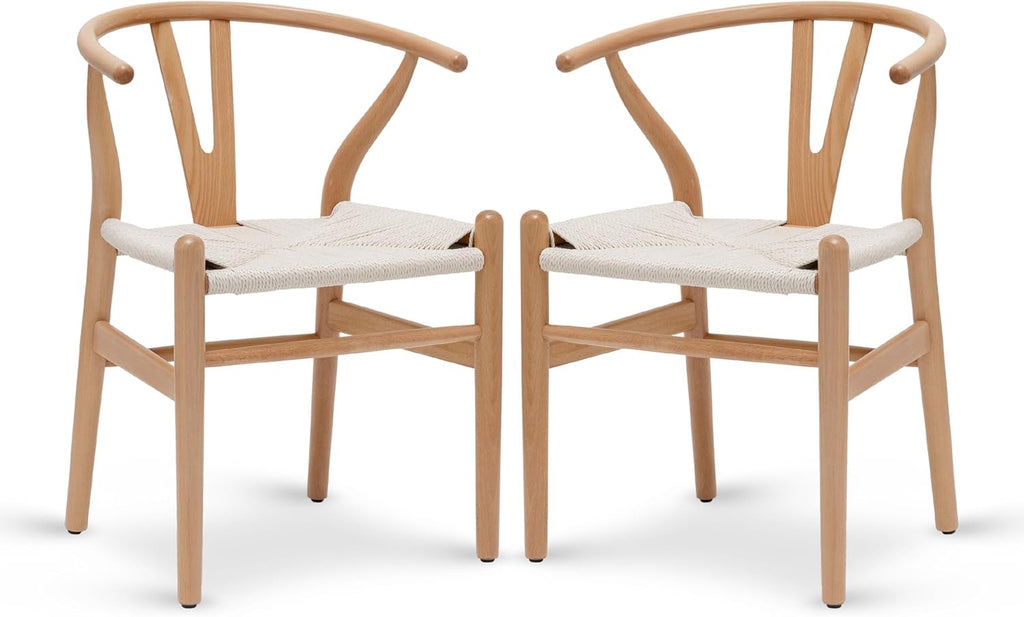 POLY & BARK Weave Wishbone Dining Chairs Set of 2 | Mid-Century Modern Solid Wood Dining Chairs