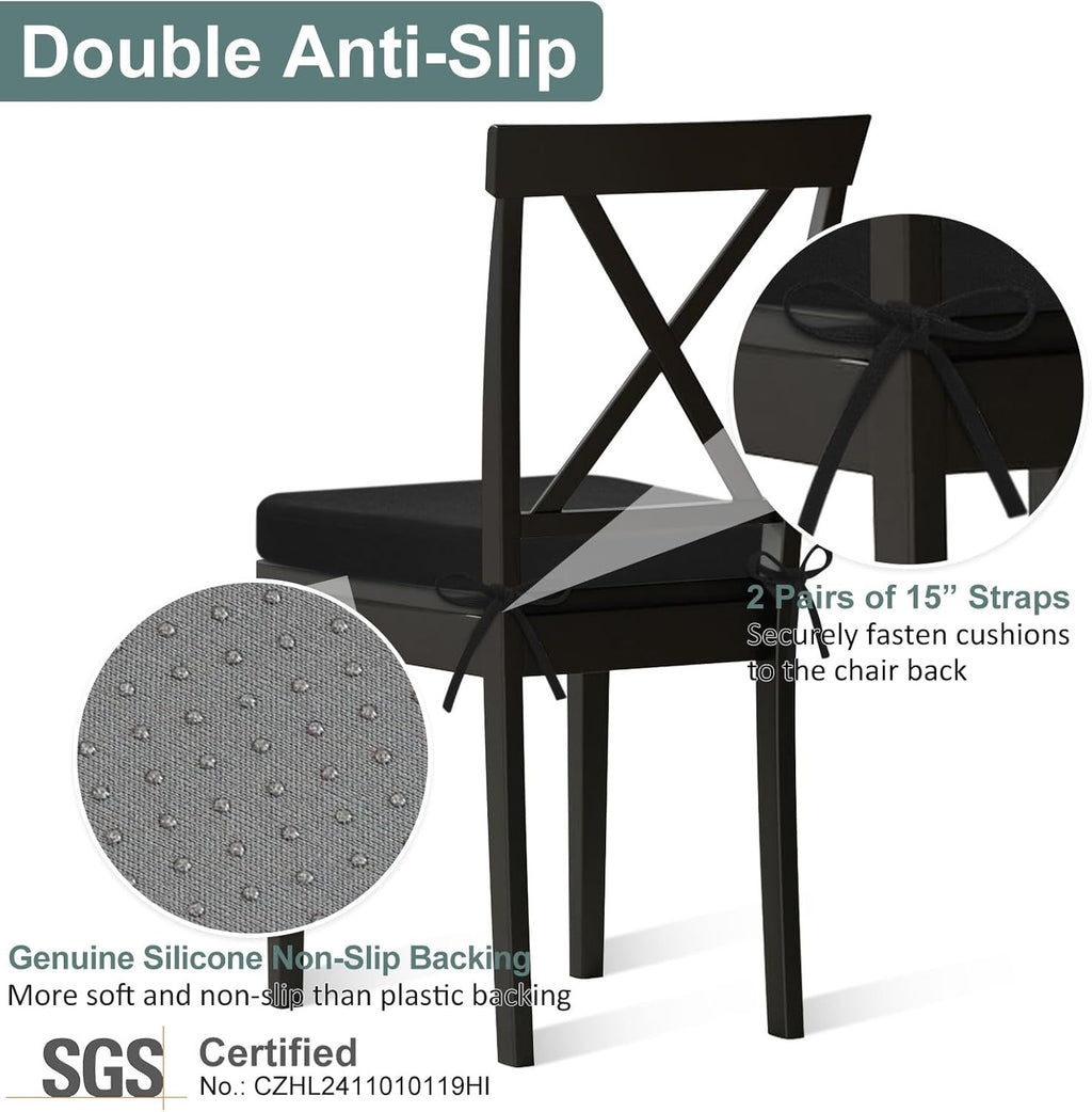 Shinnwa Memory Foam Dining Chair Pads (Set of 4) | Washable Kitchen Chair Cushions with Ties – Black
