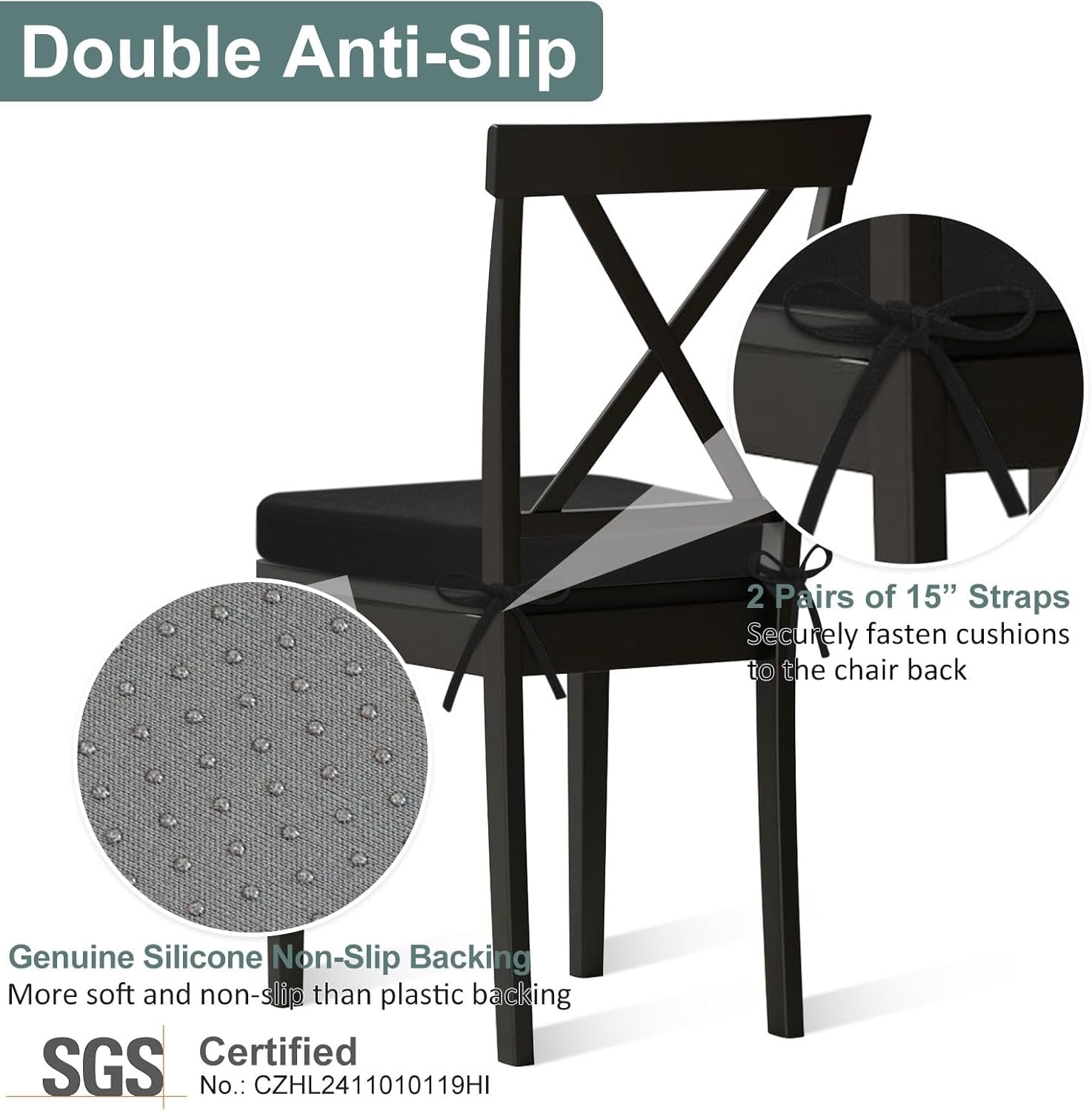 Shinnwa Memory Foam Dining Chair Pads (Set of 4) | Washable Kitchen Chair Cushions with Ties – Black