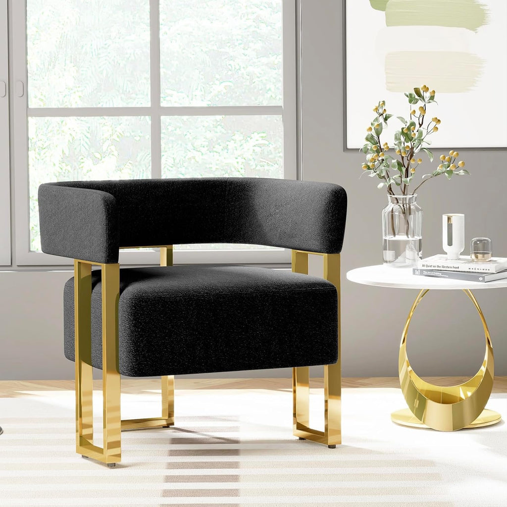 STHOUYN Modern Black & Gold Accent Chair Set (2) | Bouclé Bucket Chairs for Living Room & Bedroom