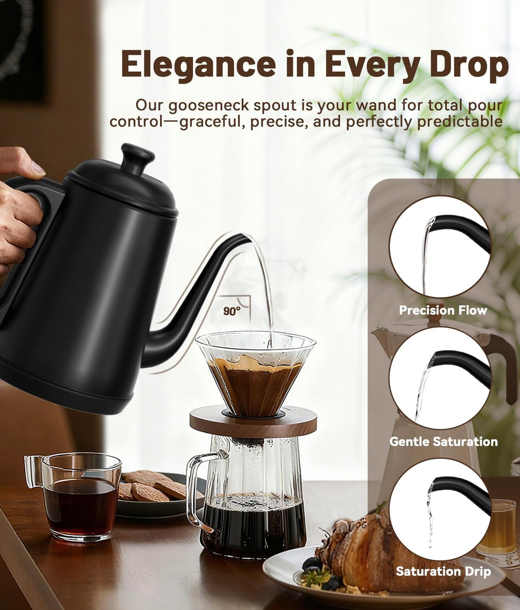 Gooseneck Electric Kettle 1L | Black Stainless Steel Pour-Over Kettle with Auto Shut-Off