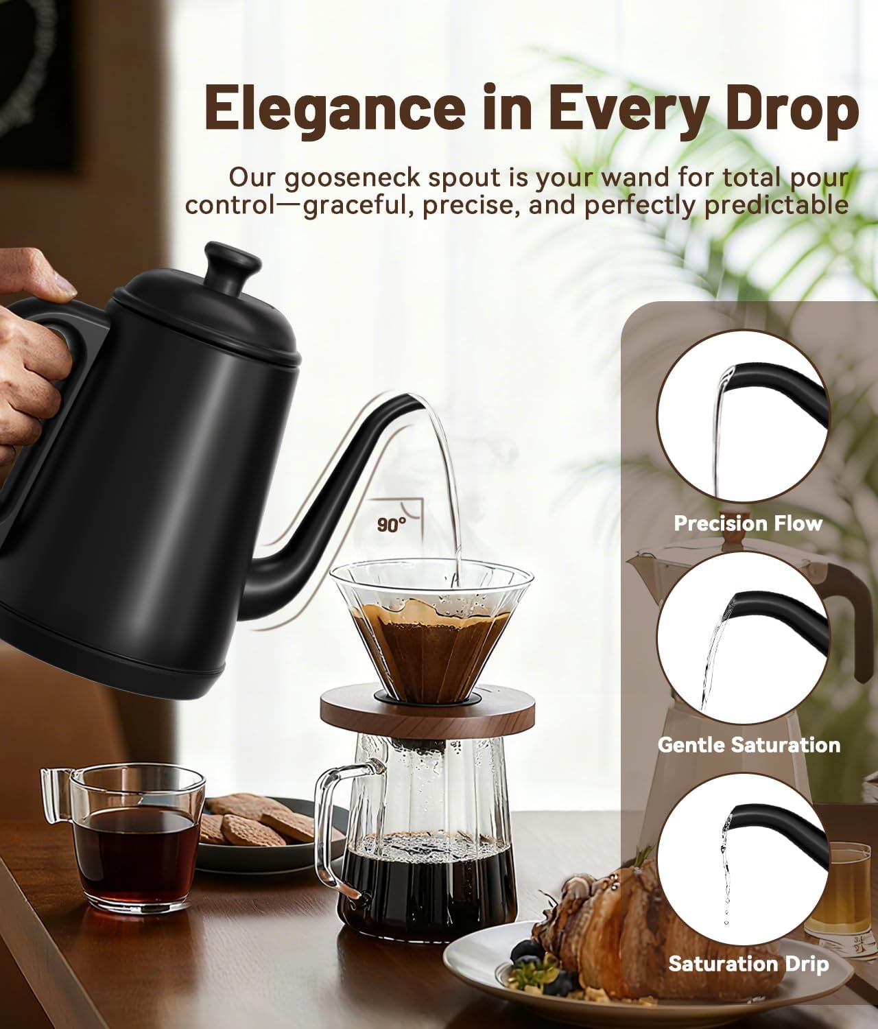 Gooseneck Electric Kettle 1L | Black Stainless Steel Pour-Over Kettle with Auto Shut-Off
