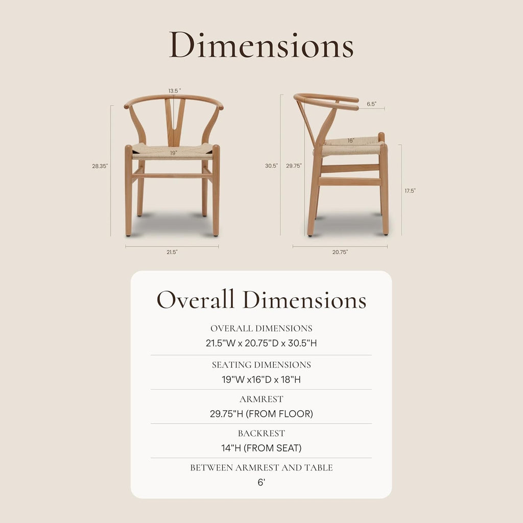 POLY & BARK Weave Wishbone Dining Chairs Set of 2 | Mid-Century Modern Solid Wood Dining Chairs