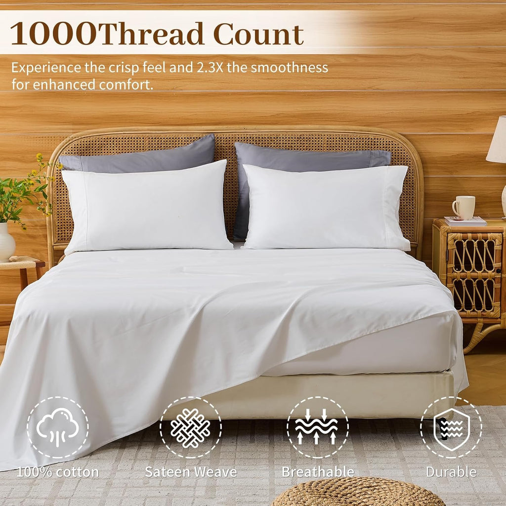 Bedlifes 1000 Thread Count Egyptian Cotton Sheets – Queen Size | Cooling Luxury Hotel Bedding Set (White)