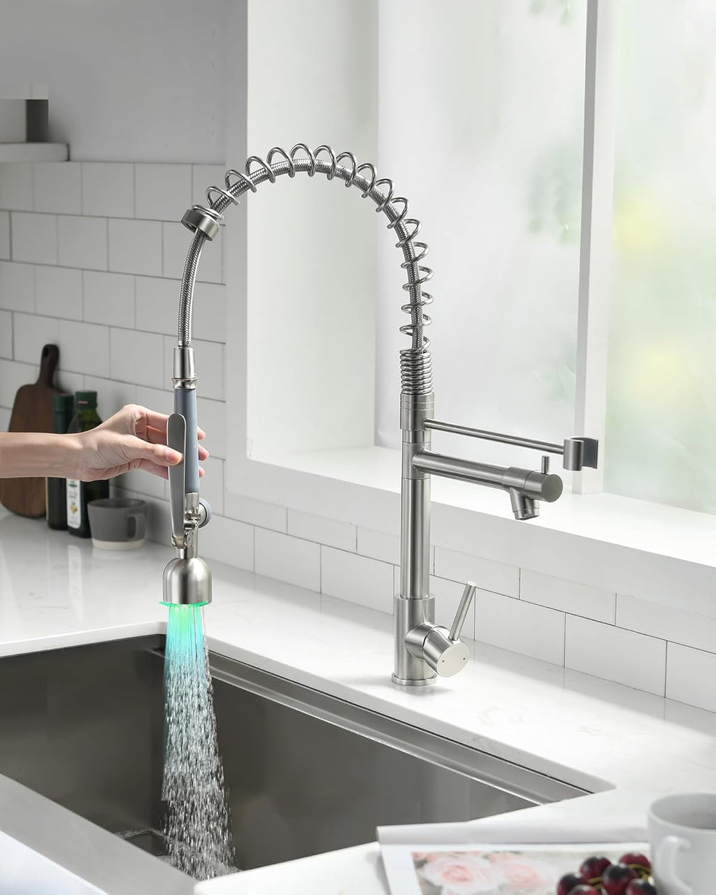 Fapully Commercial Pull-Down Kitchen Faucet | Brushed Nickel High-Arc Faucet with LED Light