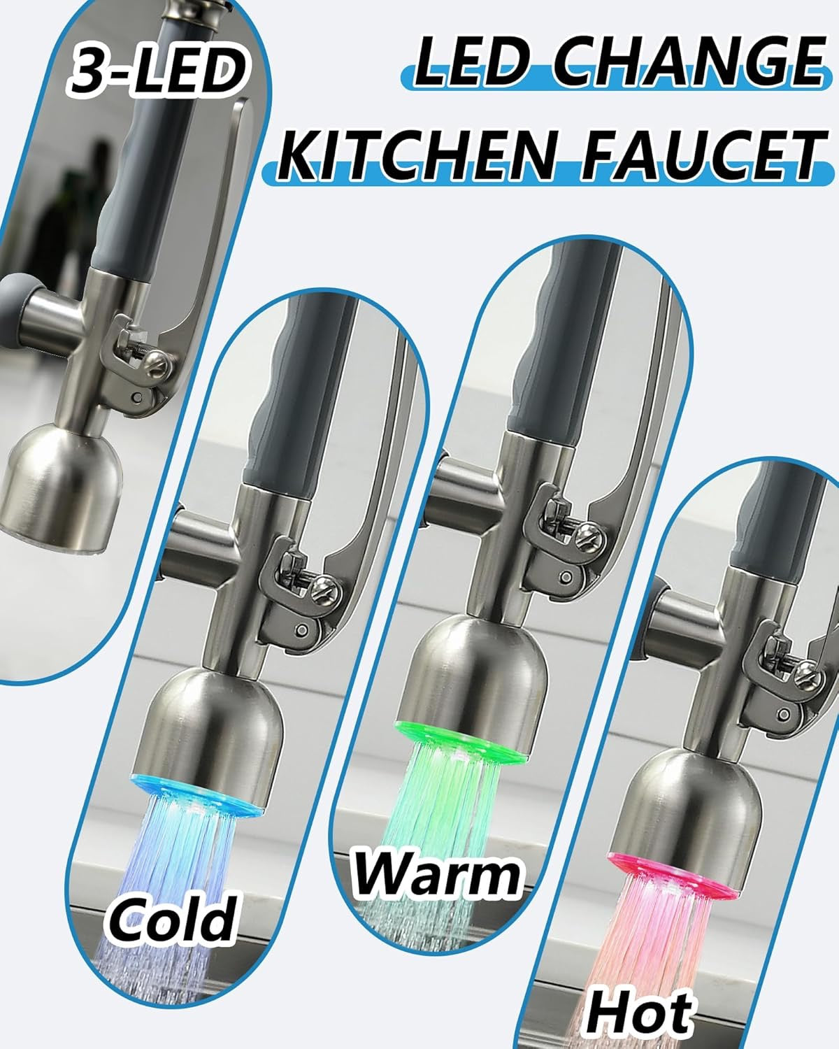 Fapully Commercial Pull-Down Kitchen Faucet | Brushed Nickel High-Arc Faucet with LED Light