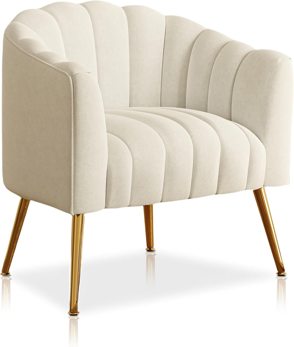 Oversized Pumpkin Couch Accent Chair | Modern Velvet Upholstered Barrel Armchair (Beige)
