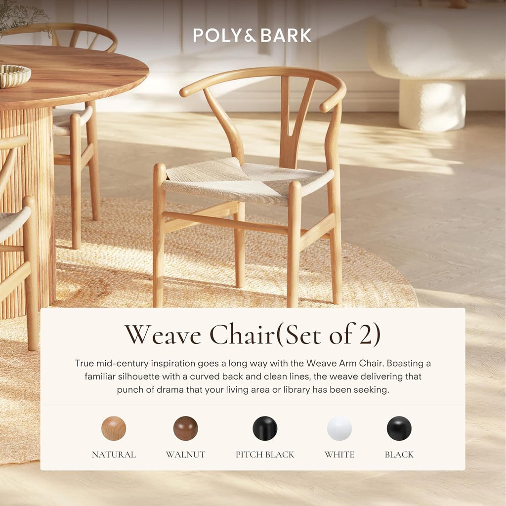 POLY & BARK Weave Wishbone Dining Chairs Set of 2 | Mid-Century Modern Solid Wood Dining Chairs