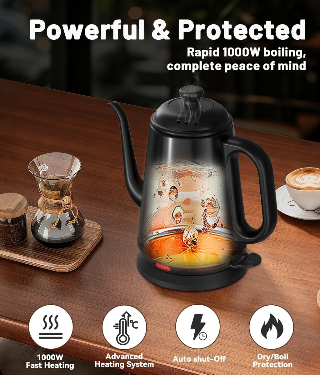 Gooseneck Electric Kettle 1L | Black Stainless Steel Pour-Over Kettle with Auto Shut-Off