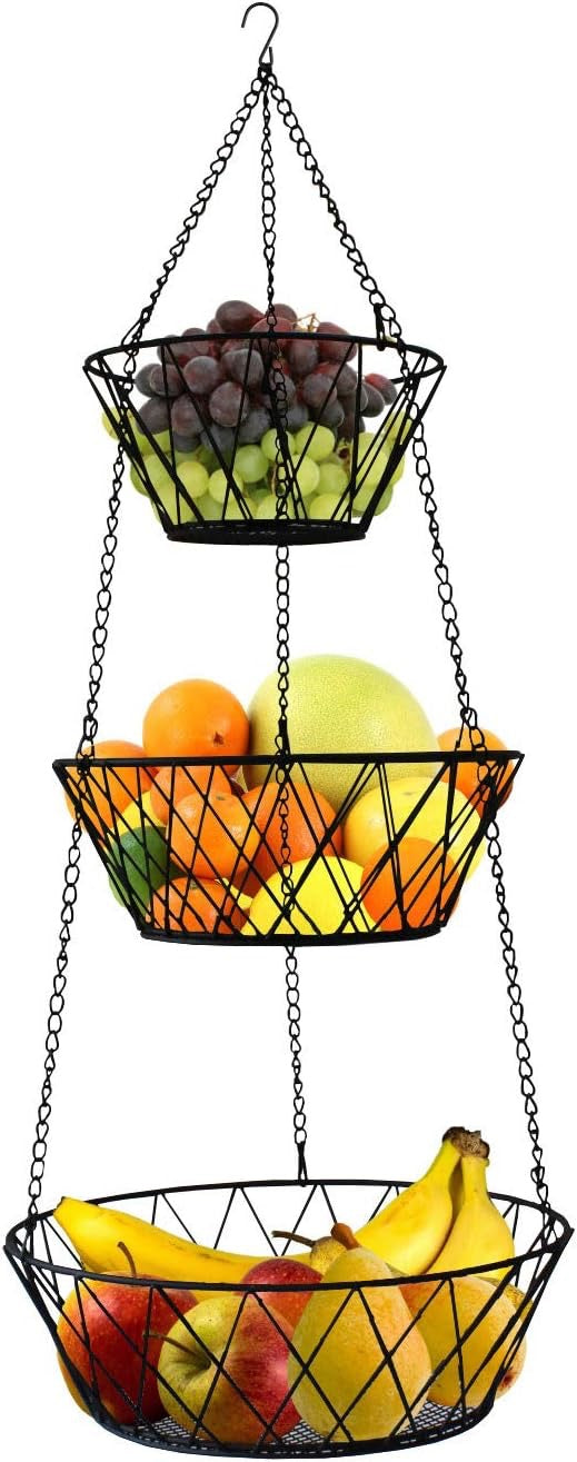 Heavy-Duty 3-Tier Hanging Fruit Basket | Black Wire Kitchen Storage Organizer