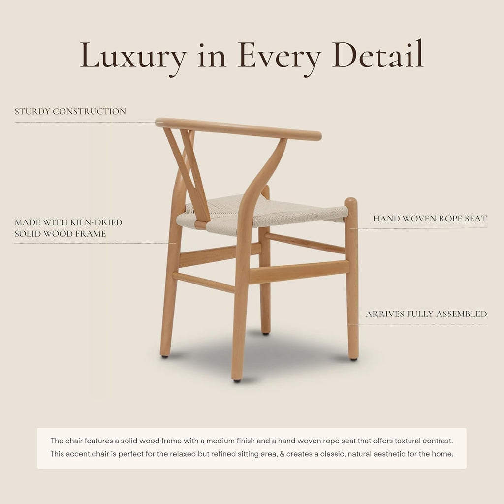 POLY & BARK Weave Wishbone Dining Chairs Set of 2 | Mid-Century Modern Solid Wood Dining Chairs
