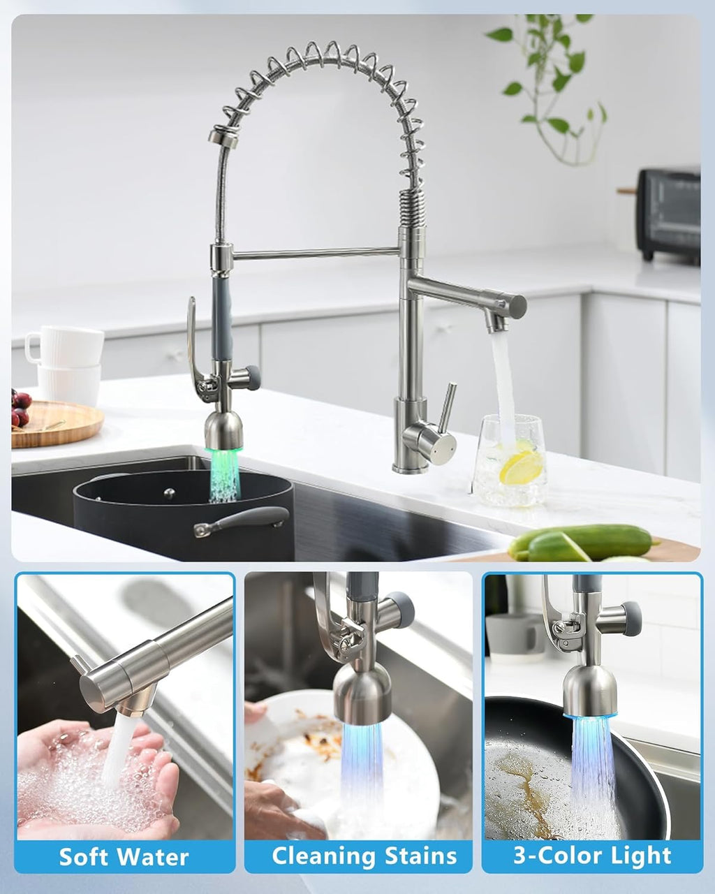 Fapully Commercial Pull-Down Kitchen Faucet | Brushed Nickel High-Arc Faucet with LED Light