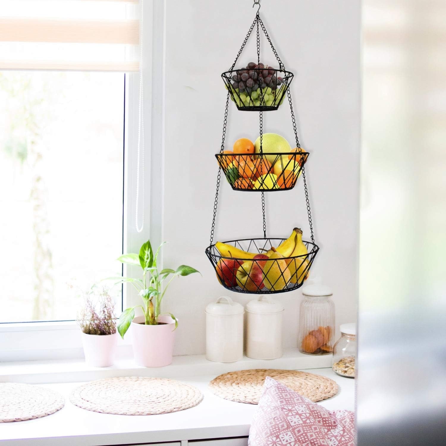 Heavy-Duty 3-Tier Hanging Fruit Basket | Black Wire Kitchen Storage Organizer