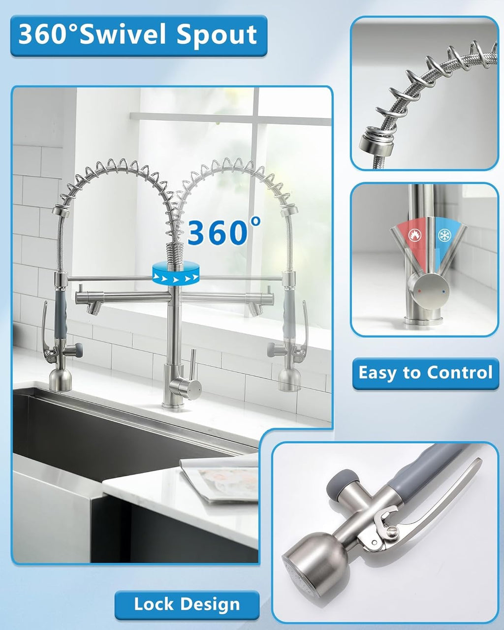 Fapully Commercial Pull-Down Kitchen Faucet | Brushed Nickel High-Arc Faucet with LED Light