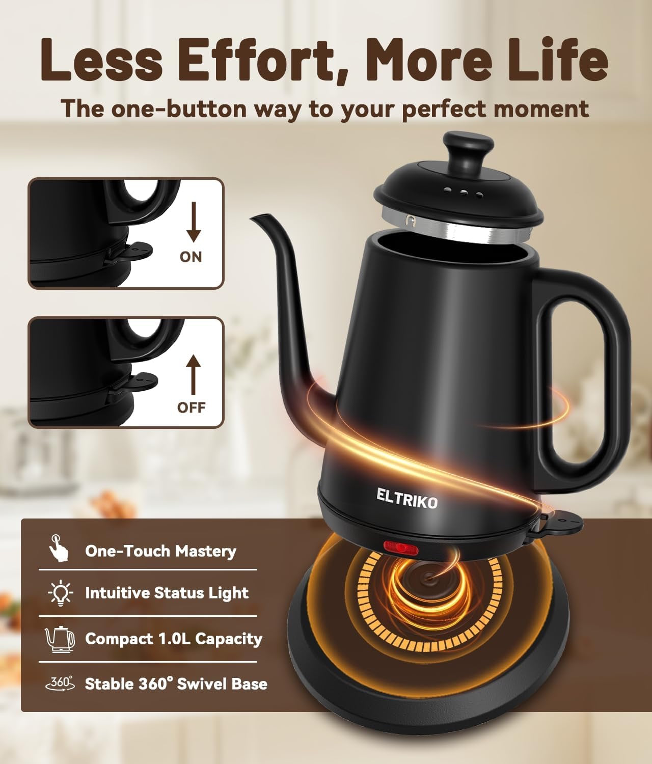 Gooseneck Electric Kettle 1L | Black Stainless Steel Pour-Over Kettle with Auto Shut-Off