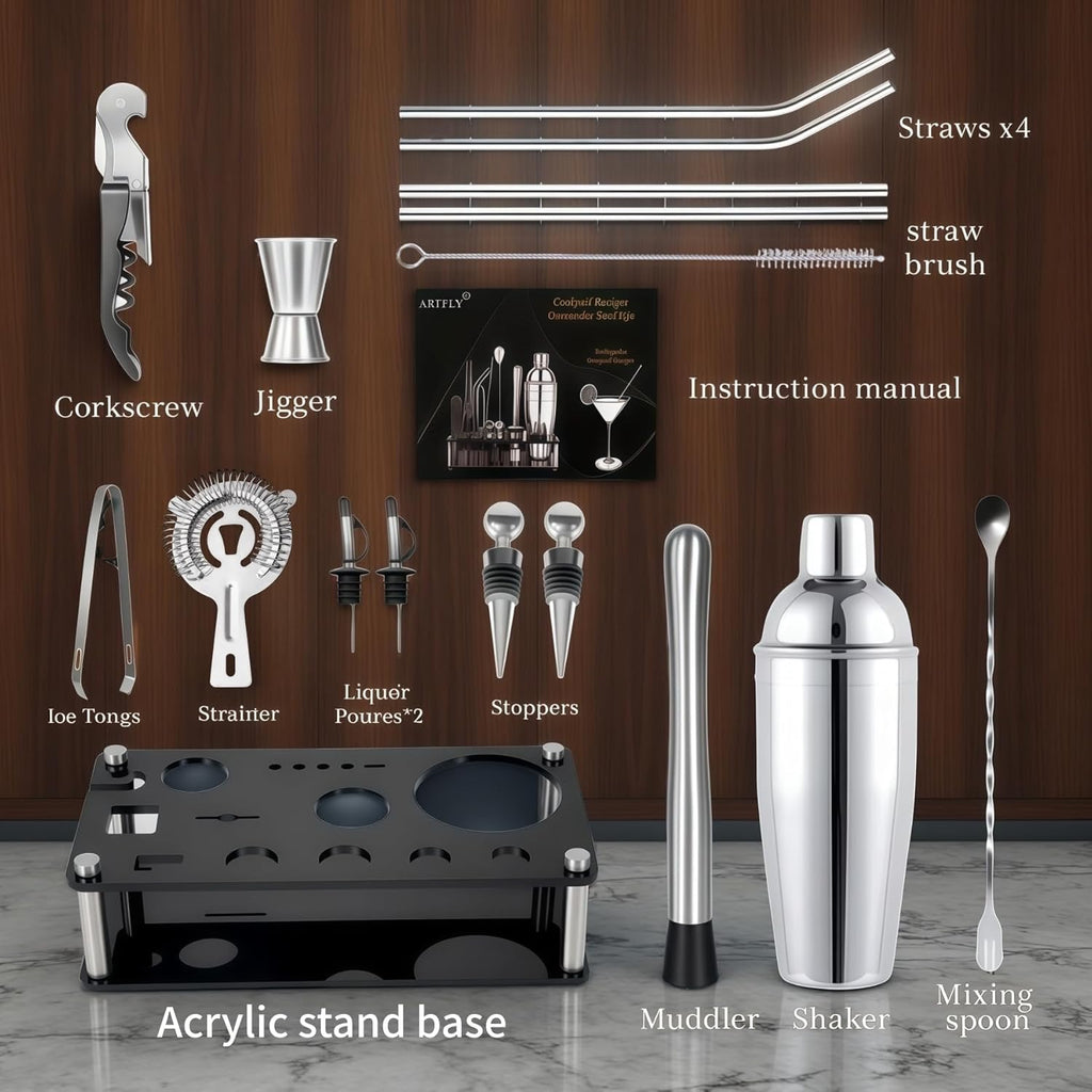18 Piece Cocktail Shaker Set Bartender Kit with Acrylic Stand | Stainless Steel Mixology Bar Tools Set with Martini Shaker