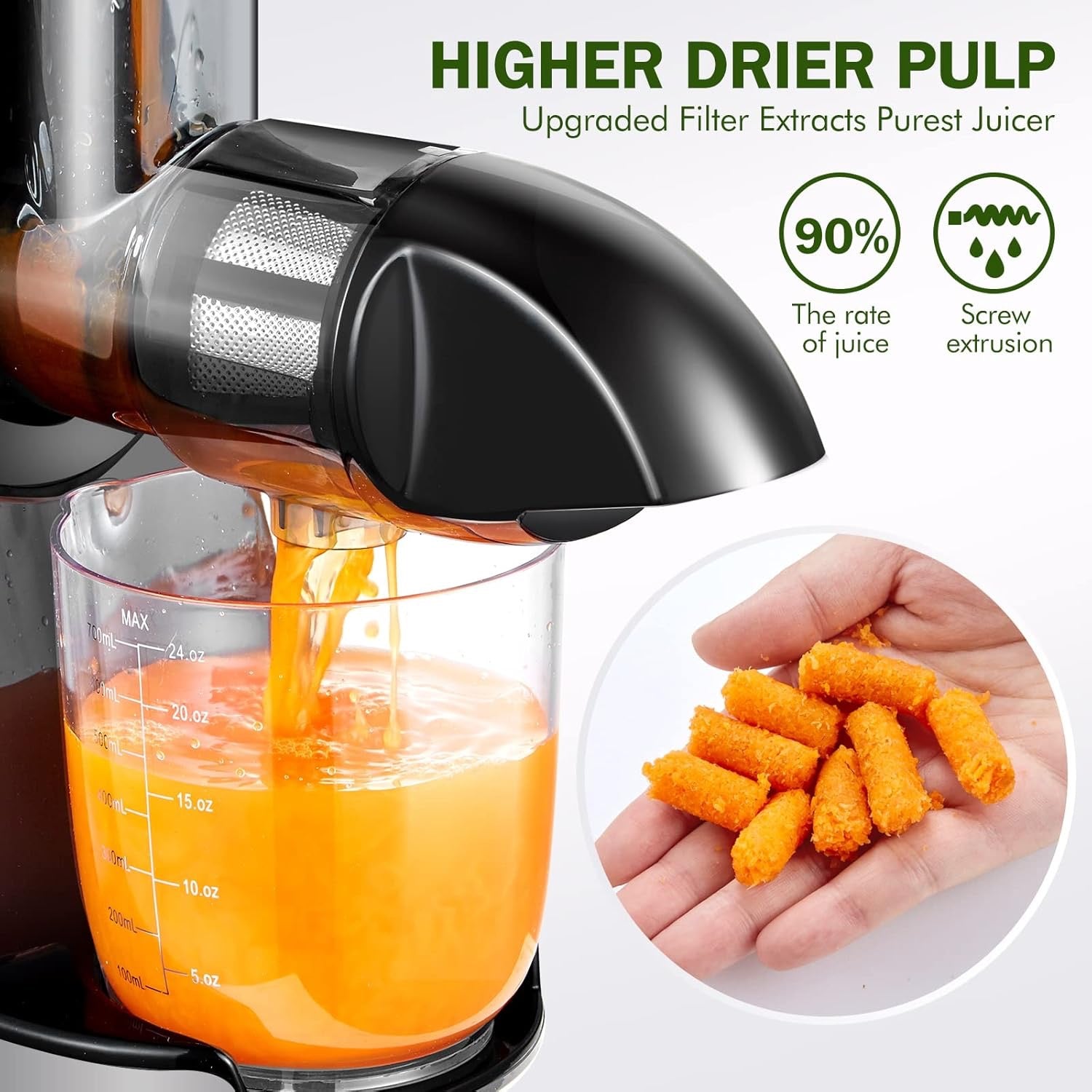 AMZCHEF Cold Press Masticating Juicer – Quiet Slow Juicer Machine with High Juice Yield