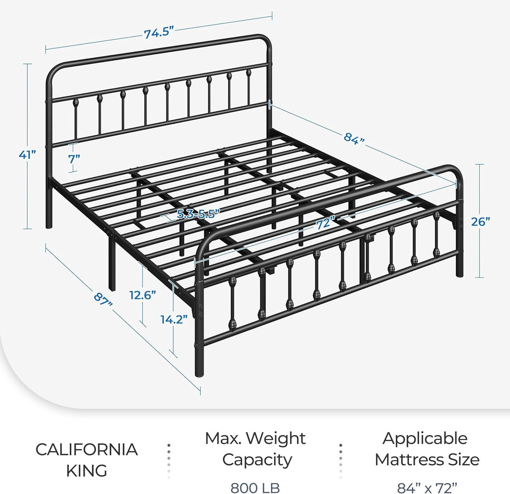 Yaheetech Victorian Iron Platform Bed | Classic Metal Bed Frame with Headboard & Footboard – Black (California King)