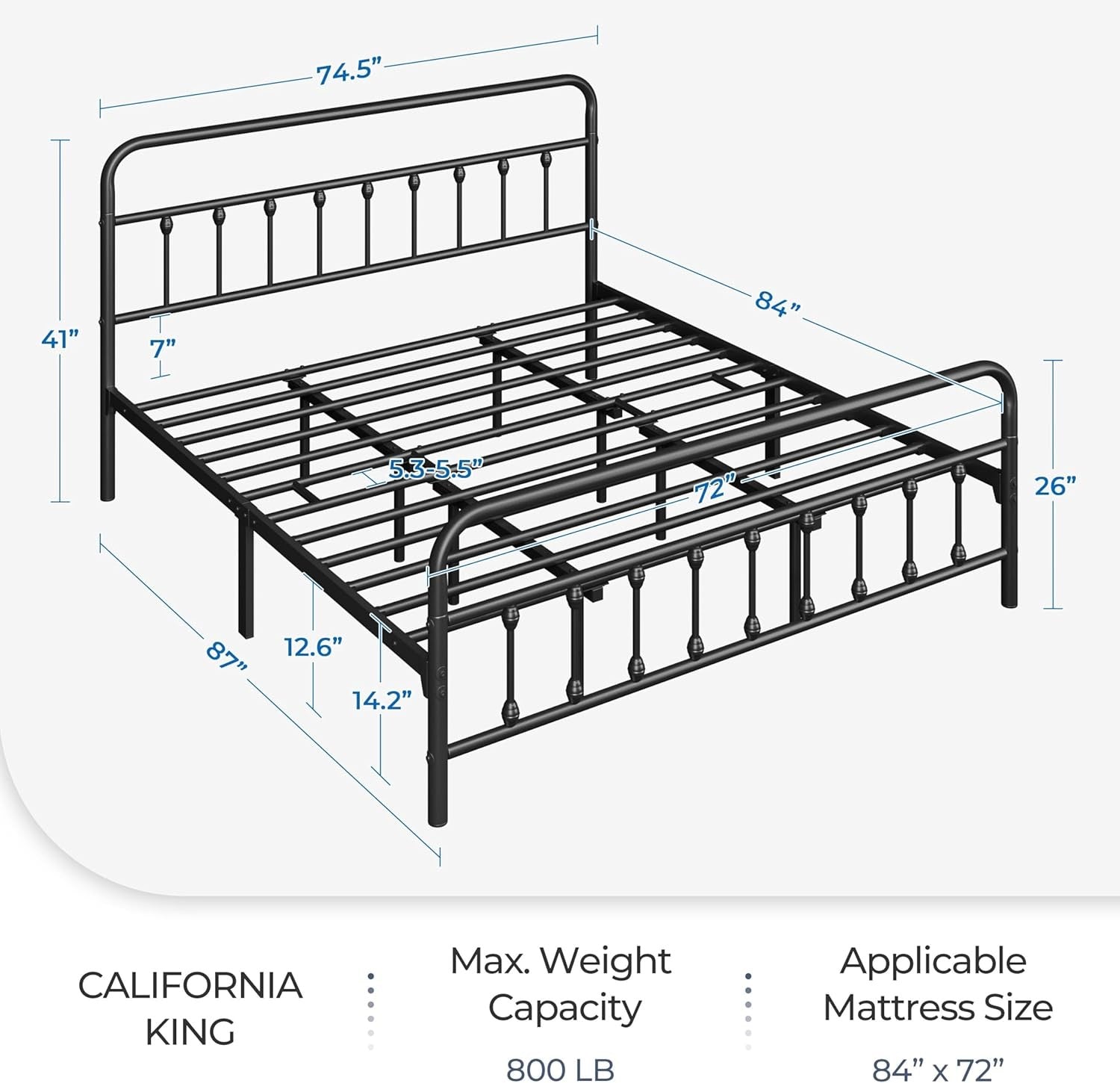 Yaheetech Victorian Iron Platform Bed | Classic Metal Bed Frame with Headboard & Footboard – Black (California King)