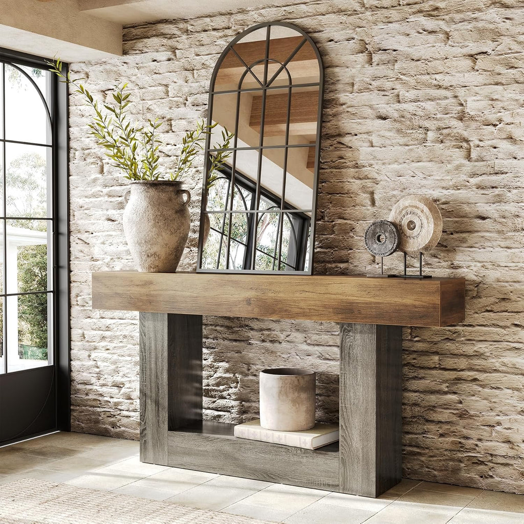 LITTLE TREE 63” Farmhouse Console Table | 2-Tier Wooden Sofa Table for Entryway & Living Room (Rustic Brown & Grey)