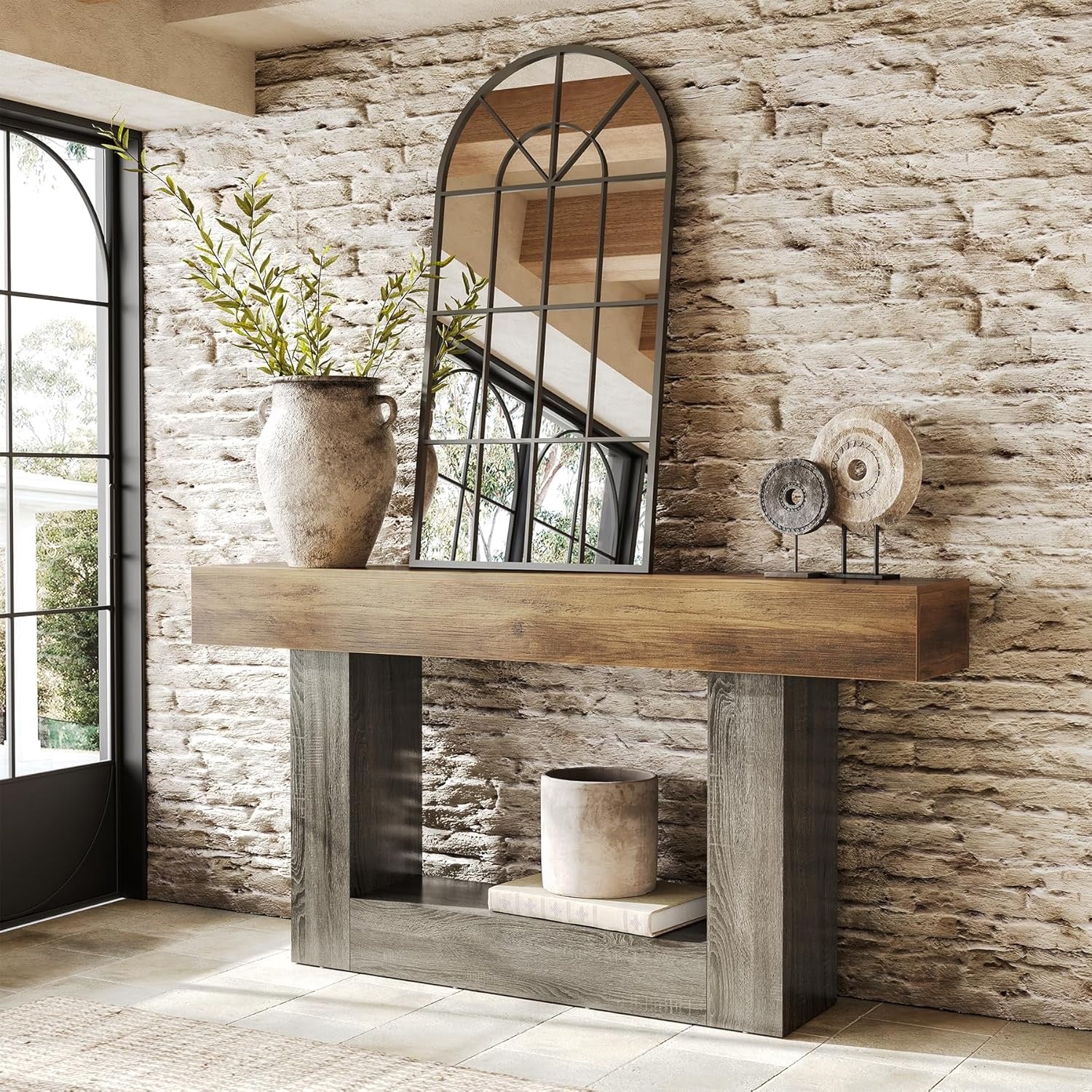 LITTLE TREE 63” Farmhouse Console Table | 2-Tier Wooden Sofa Table for Entryway & Living Room (Rustic Brown & Grey)