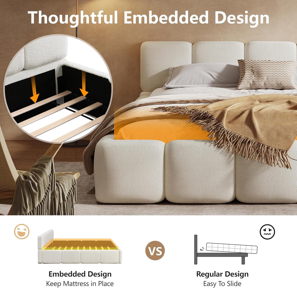 Merax California King Bouclé Platform Bed White | Upholstered Block Style Floor Bed Frame with Headboard & Footboard