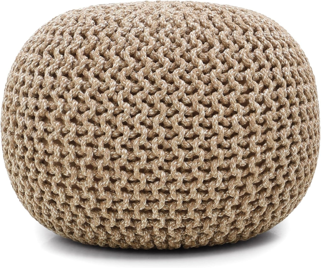 REDEARTH Hand-Knitted Cotton Pouf Ottoman | Round Cable Knit Pouffe – Beige Ivory