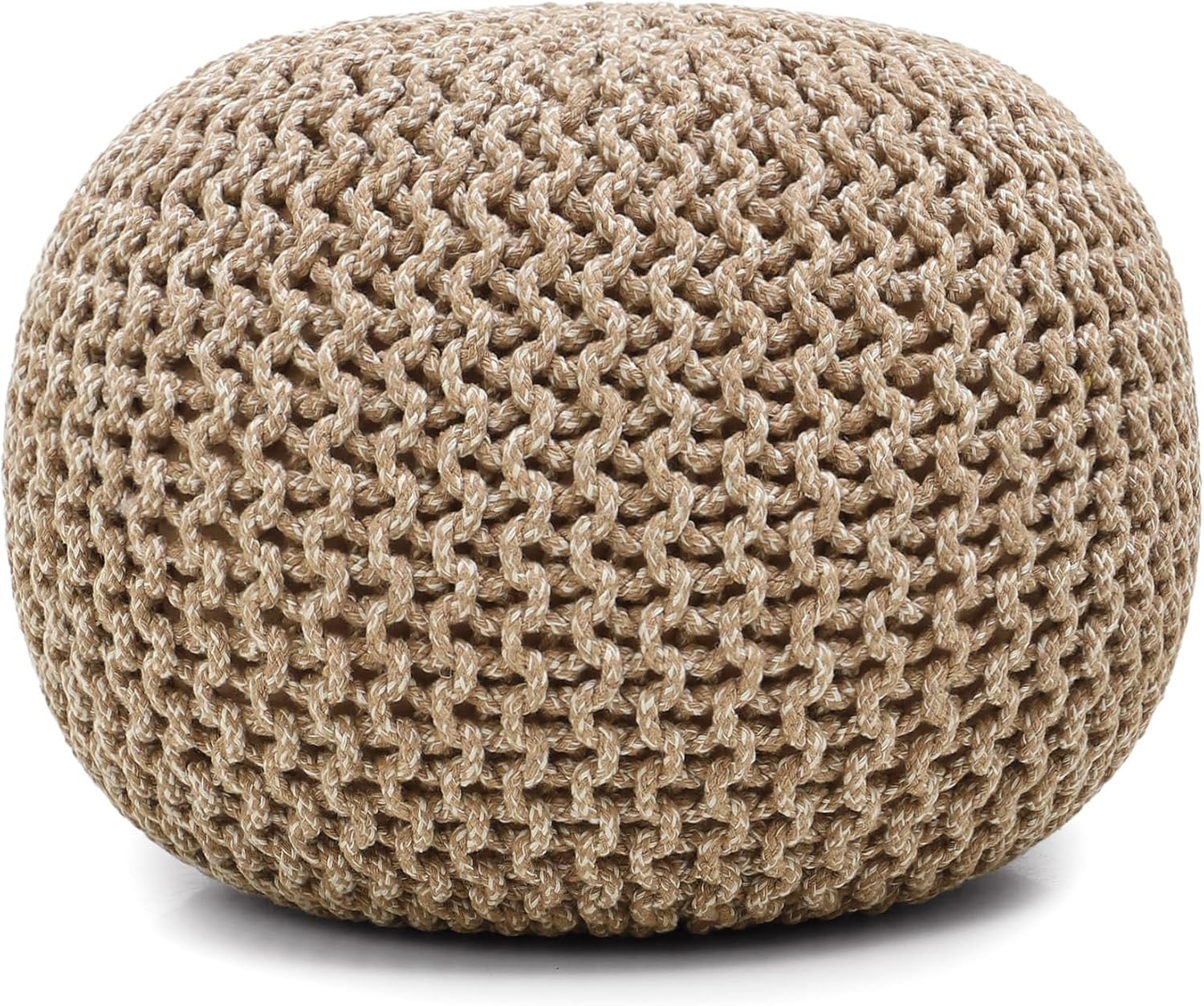 REDEARTH Hand-Knitted Cotton Pouf Ottoman | Round Cable Knit Pouffe – Beige Ivory