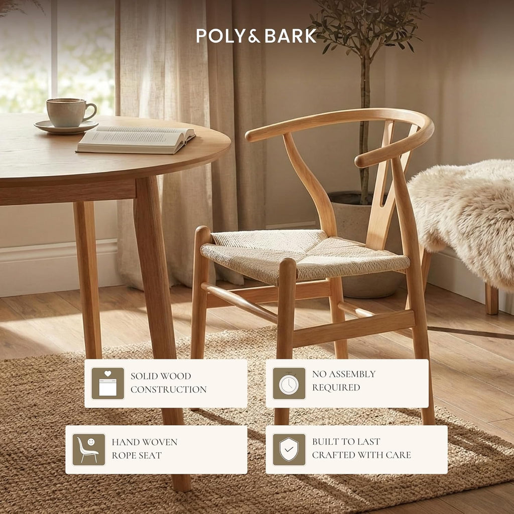 POLY & BARK Weave Wishbone Dining Chairs Set of 2 | Mid-Century Modern Solid Wood Dining Chairs