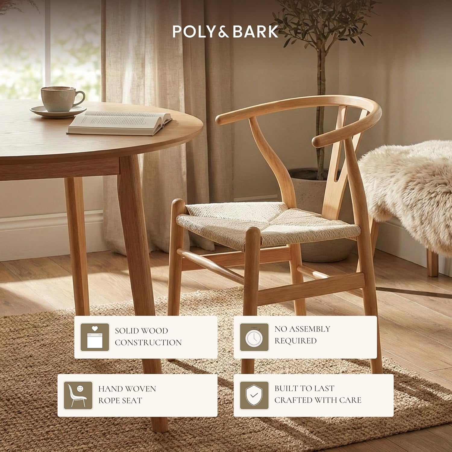 POLY & BARK Weave Wishbone Dining Chairs Set of 2 | Mid-Century Modern Solid Wood Dining Chairs