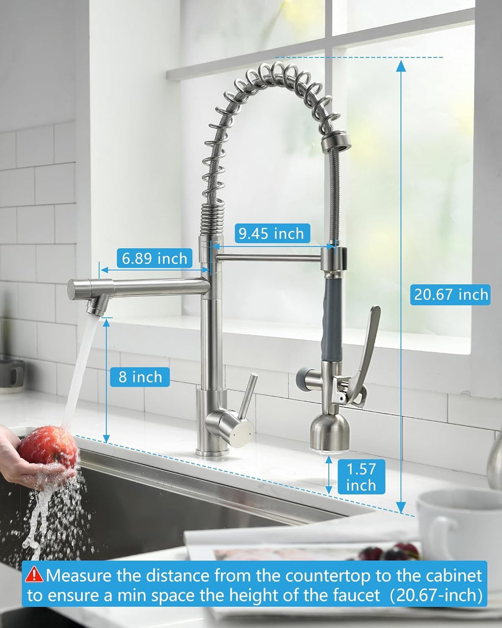 Fapully Commercial Pull-Down Kitchen Faucet | Brushed Nickel High-Arc Faucet with LED Light