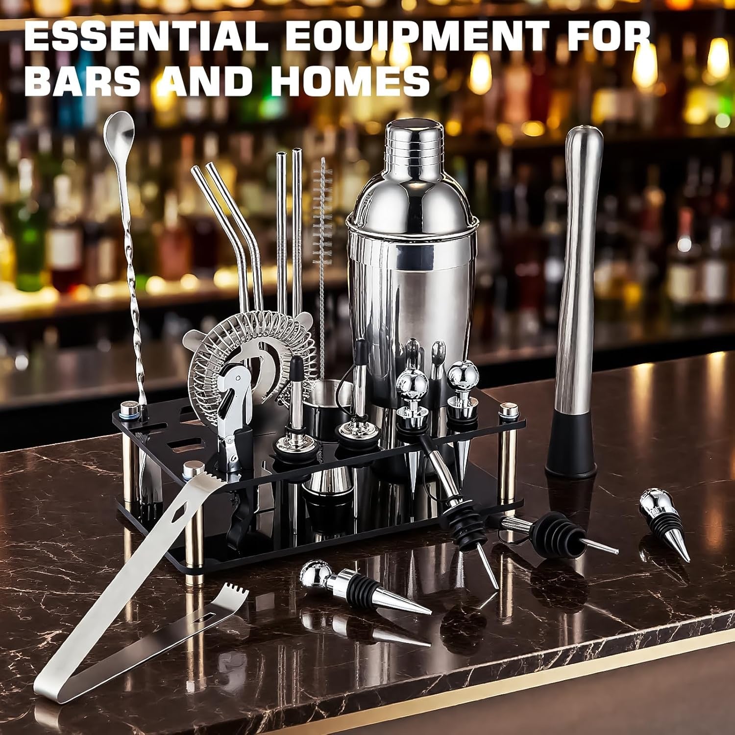 18 Piece Cocktail Shaker Set Bartender Kit with Acrylic Stand | Stainless Steel Mixology Bar Tools Set with Martini Shaker