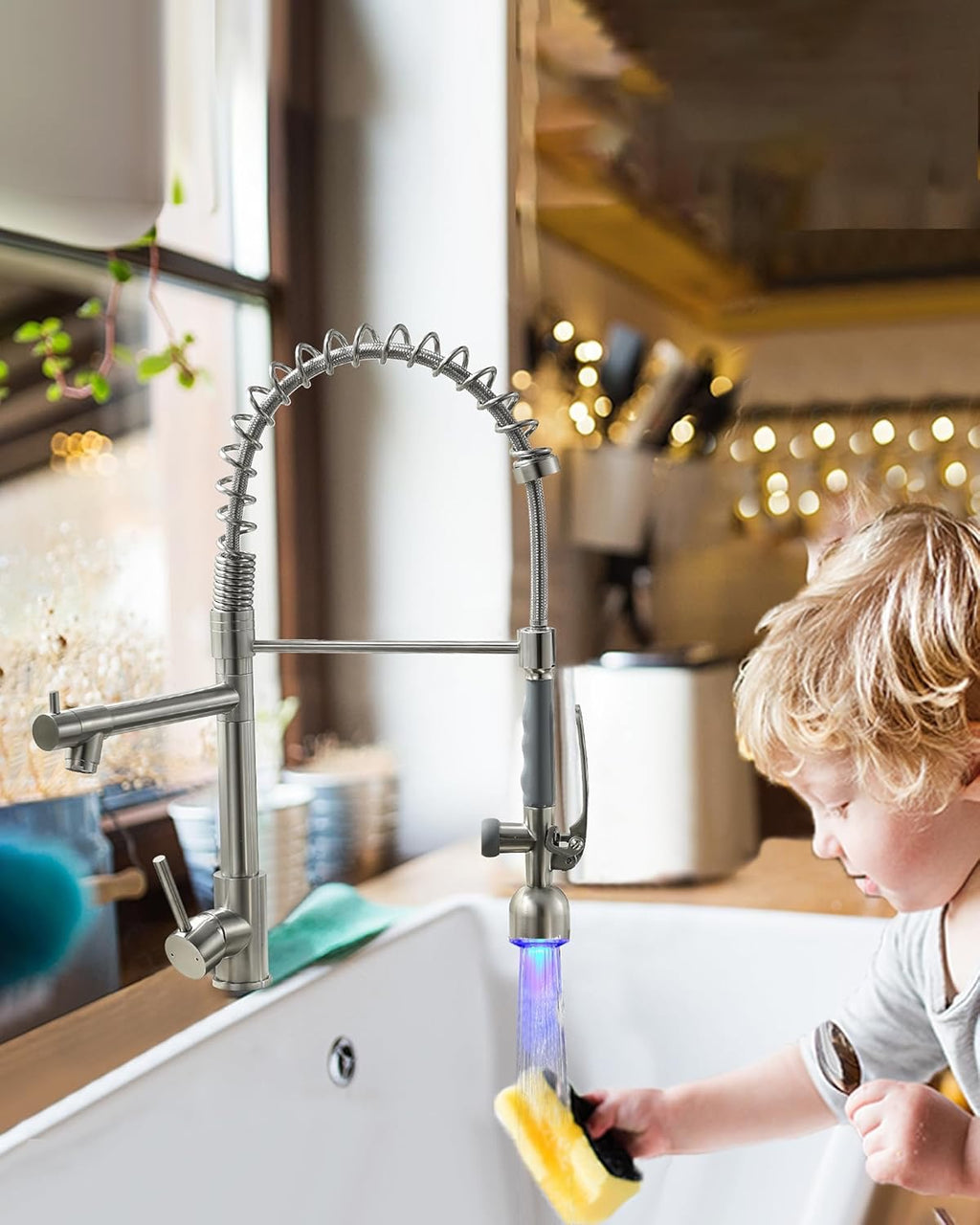 Fapully Commercial Pull-Down Kitchen Faucet | Brushed Nickel High-Arc Faucet with LED Light