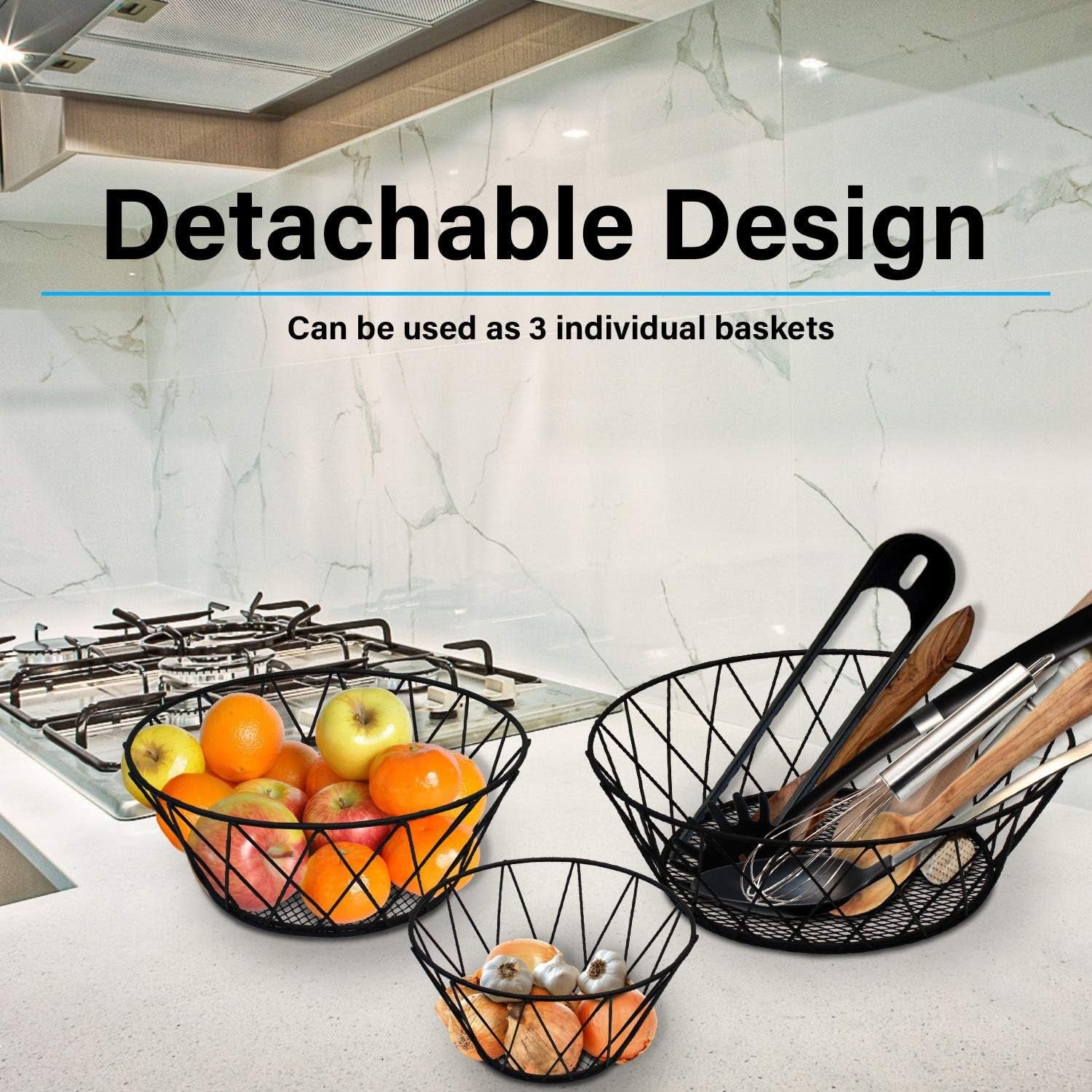 Heavy-Duty 3-Tier Hanging Fruit Basket | Black Wire Kitchen Storage Organizer