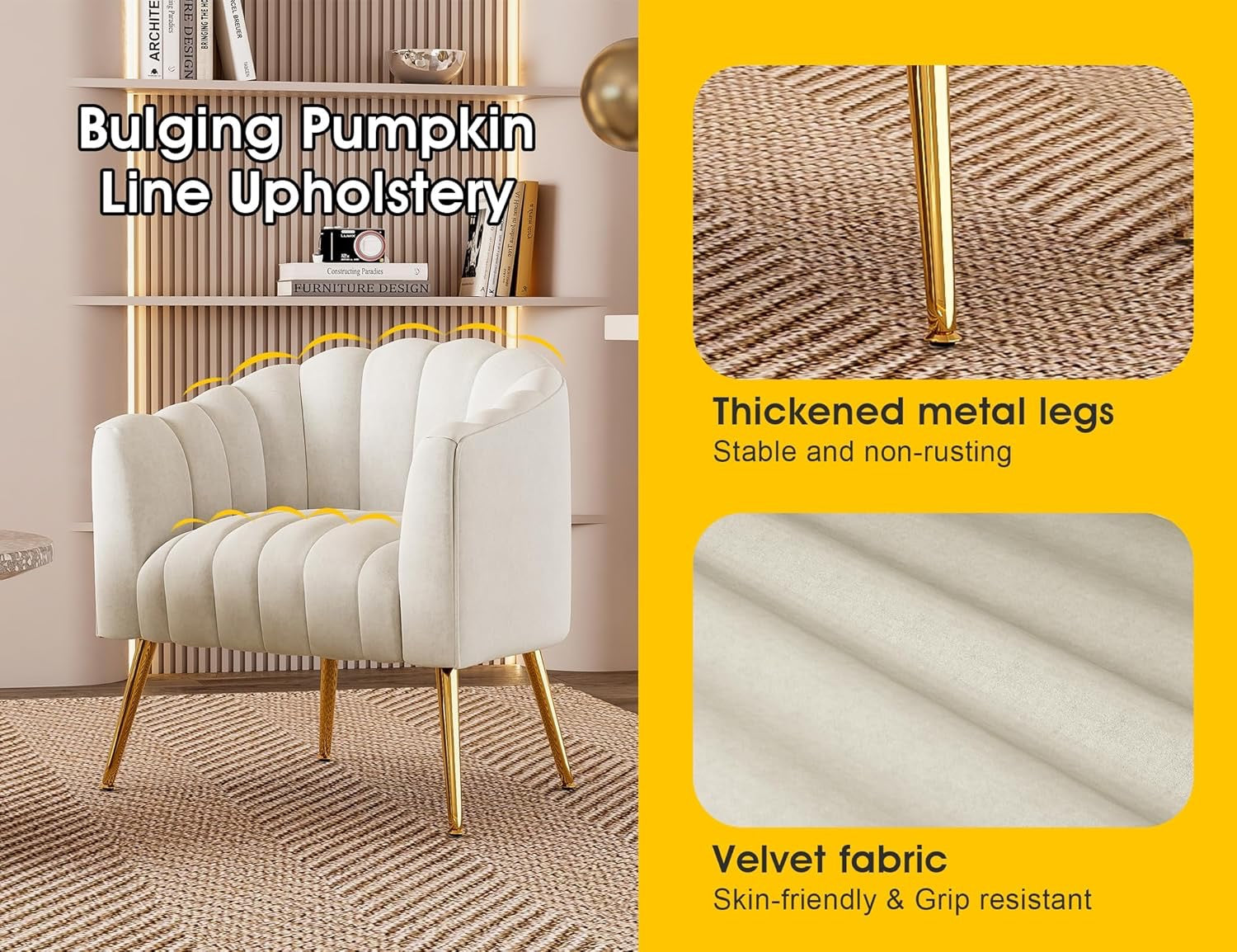 Oversized Pumpkin Couch Accent Chair | Modern Velvet Upholstered Barrel Armchair (Beige)