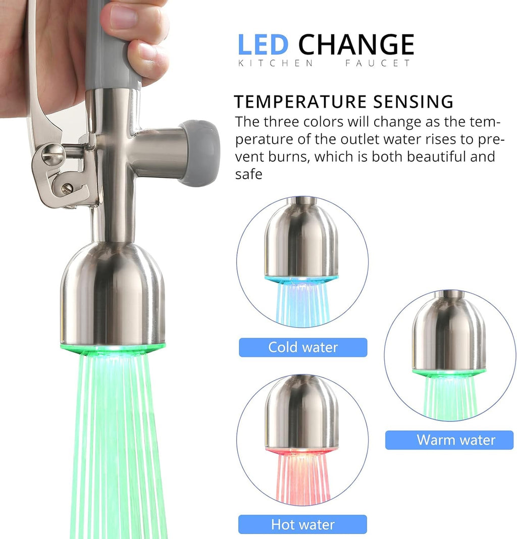 Fapully Commercial Pull-Down Kitchen Faucet | Brushed Nickel High-Arc Faucet with LED Light