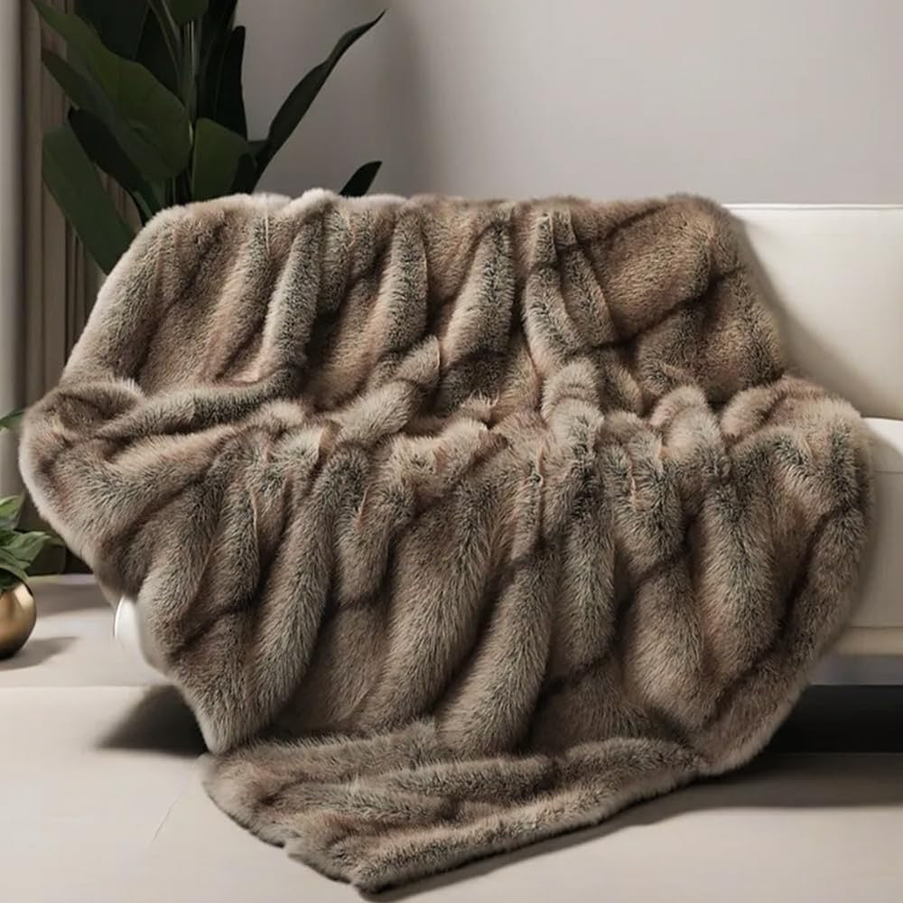 INCHGRASS Faux Mink Fur Throw Blanket 74" x 60" | Luxury Plush Brown Sofa & Bed Blanket