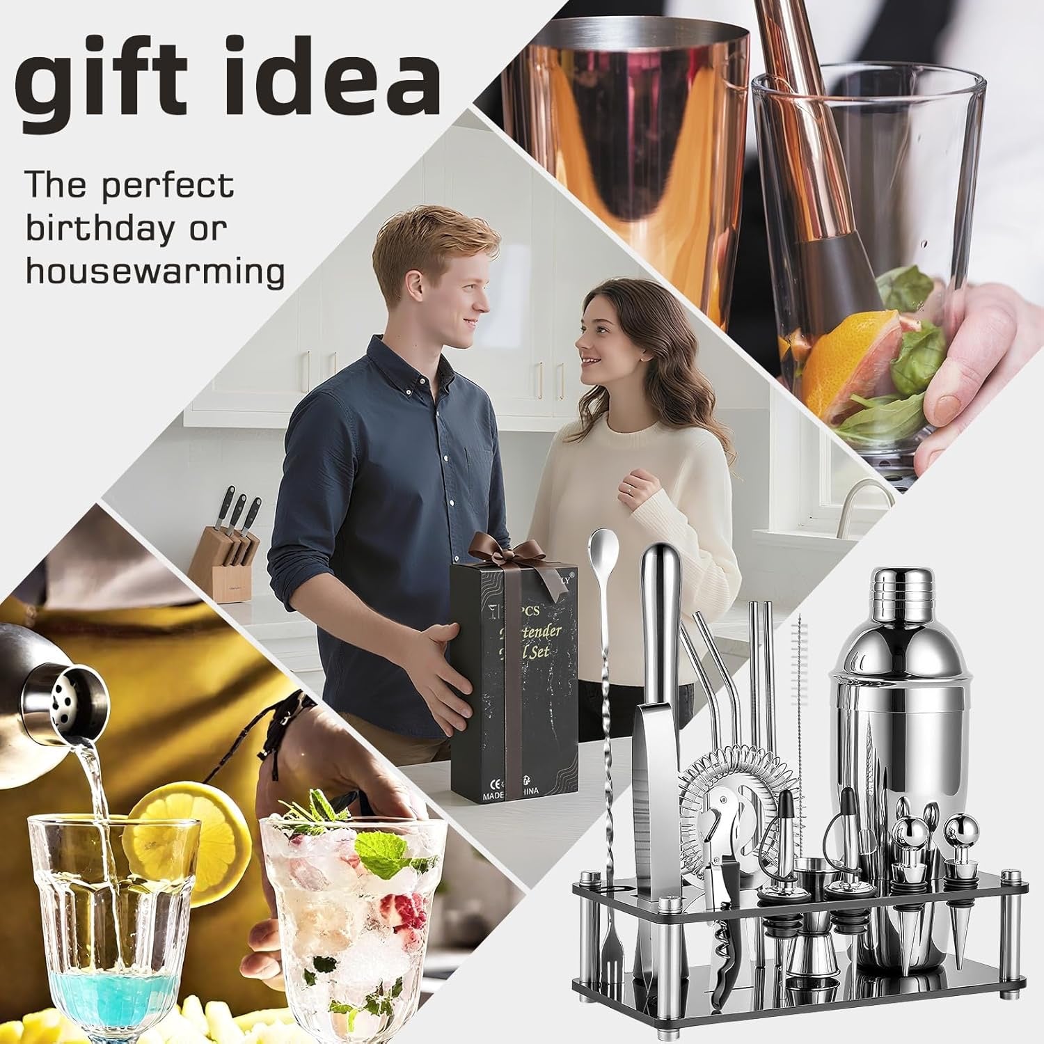 18 Piece Cocktail Shaker Set Bartender Kit with Acrylic Stand | Stainless Steel Mixology Bar Tools Set with Martini Shaker