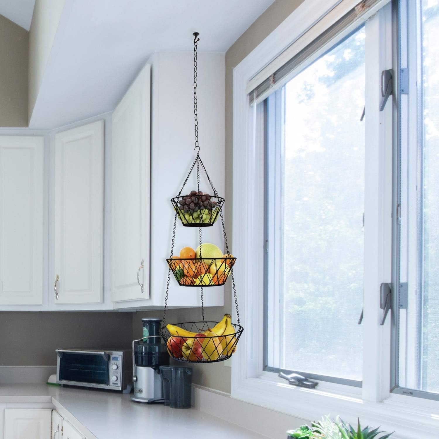 Heavy-Duty 3-Tier Hanging Fruit Basket | Black Wire Kitchen Storage Organizer