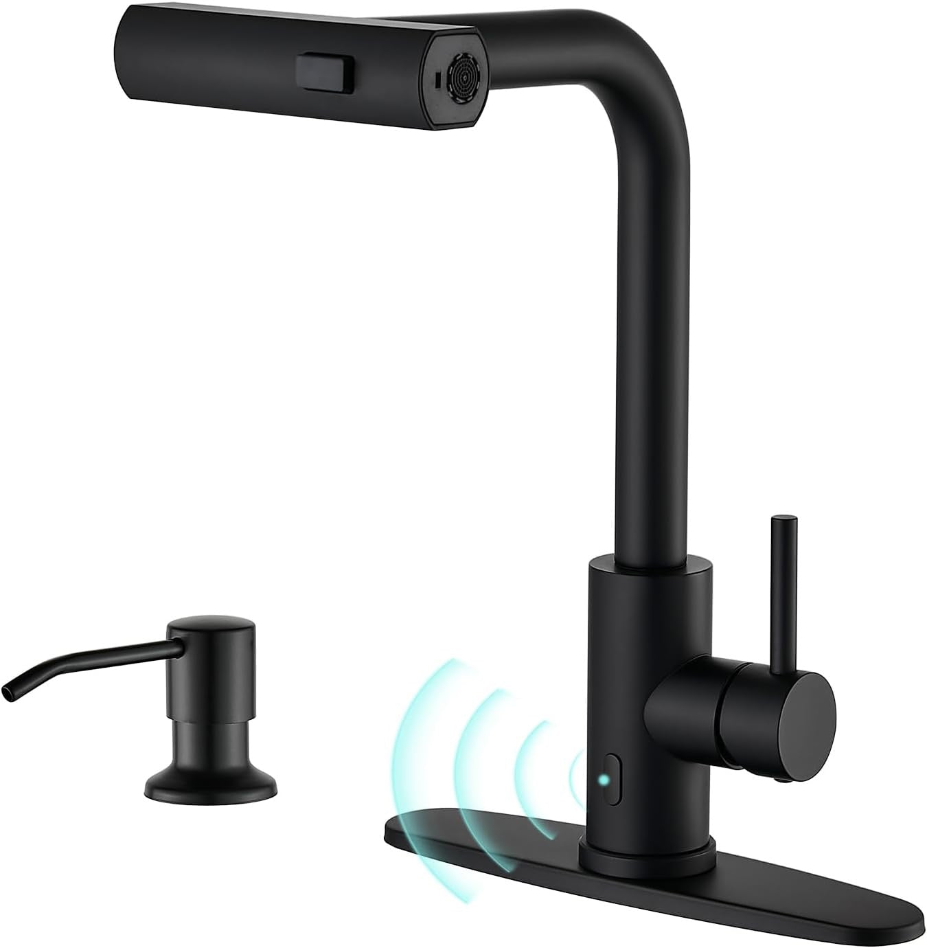 Matte Black Touchless Kitchen Faucet | Pull-Down Sprayer Waterfall Sink Faucet with Soap Dispenser