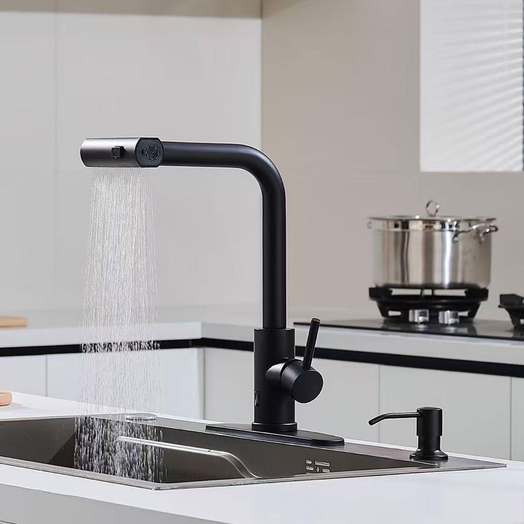 Matte Black Touchless Kitchen Faucet | Pull-Down Sprayer Waterfall Sink Faucet with Soap Dispenser