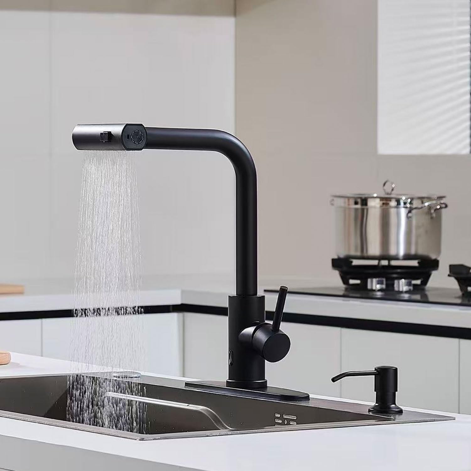 Matte Black Touchless Kitchen Faucet | Pull-Down Sprayer Waterfall Sink Faucet with Soap Dispenser