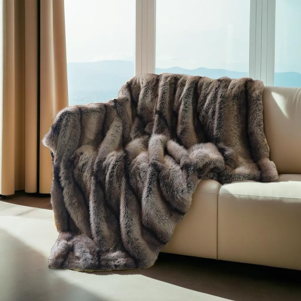 INCHGRASS Faux Mink Fur Throw Blanket 74" x 60" | Luxury Plush Brown Sofa & Bed Blanket