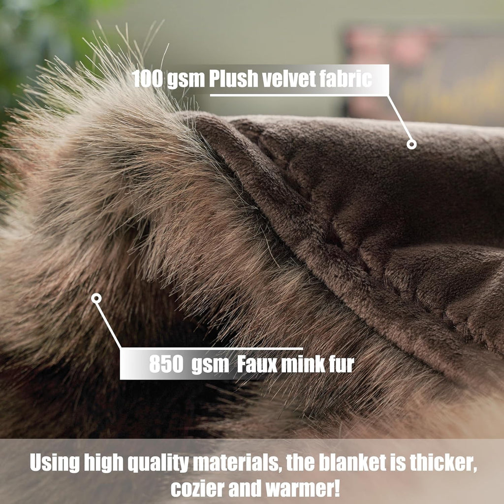 INCHGRASS Faux Mink Fur Throw Blanket 74" x 60" | Luxury Plush Brown Sofa & Bed Blanket