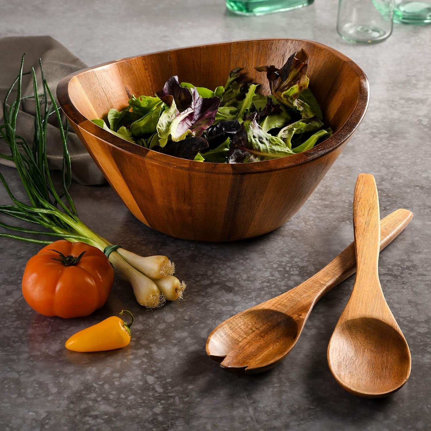 Gibson Home Sherwood 3 Piece Acacia Wood Salad Bowl Set | Large Natural Serving Bowl with Wooden Servers Durable Eco Friendly